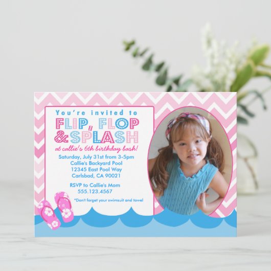 Roze zwembad Partij Birthday-uitnodiging zwemmen Kaart (Staand voorkant)