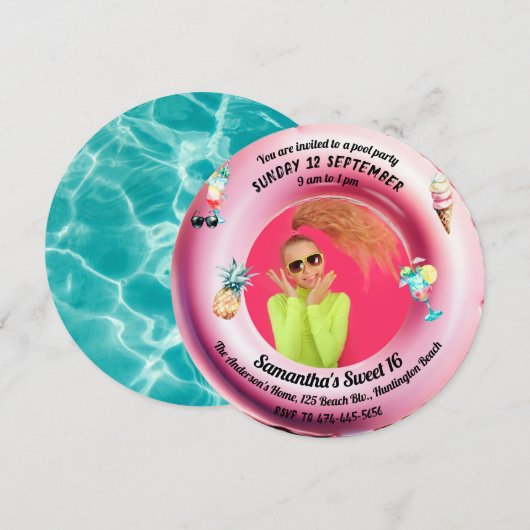 Roze Zwembad Party Cocktail Waterverf Sweet 16 Fot Kaart (Voorkant / Achterkant)