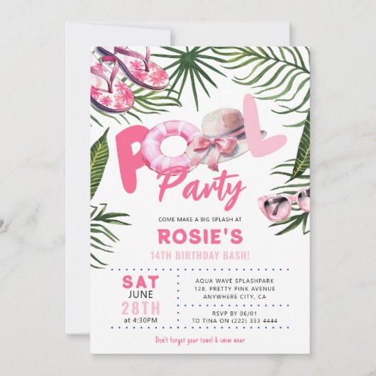  Roze Zwembad Party Meisje Verjaardag Kaart (Voorkant)