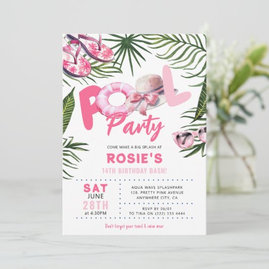  Roze Zwembad Party Meisje Verjaardag Kaart (Staand voorkant)