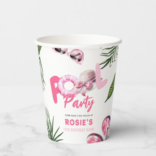  Roze Zwembad Party Meisje Verjaardag Papieren Bekers (Achterkant)