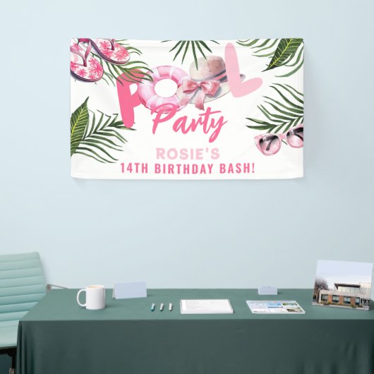 Roze Zwembad Party Meisje Verjaardag Spandoek (Beurs)