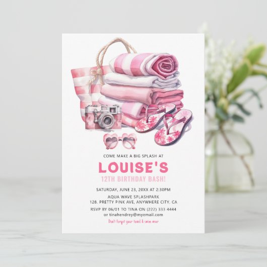 Roze Zwembad Party Meisje Verjaardags Bash Kaart (Staand voorkant)