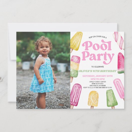 Roze Zwembad Party Popsicle Afbeelding Verjaardags Kaart (Voorkant)