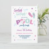 Roze zwembadfeest uitnodiging (Staand voorkant)