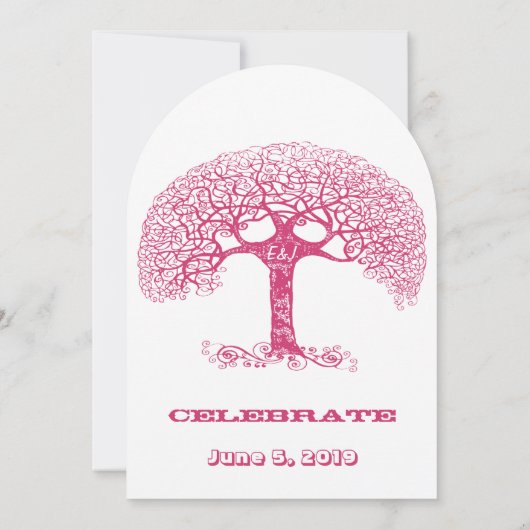 Roze Zwemrijke Initialen met een Boom-bruiloft Kaart (Achterkant)