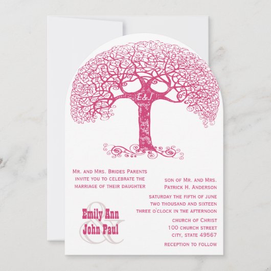Roze Zwemrijke Initialen met een Boom-bruiloft Kaart (Voorkant)