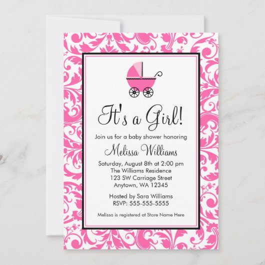 Roze zwijn Damask Carriage Girl Baby shower Kaart (Voorkant)