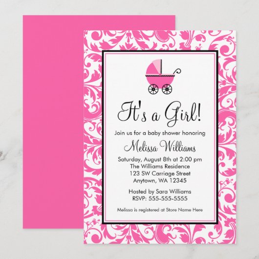 Roze zwijn Damask Carriage Girl Baby shower Kaart (Voorkant / Achterkant)