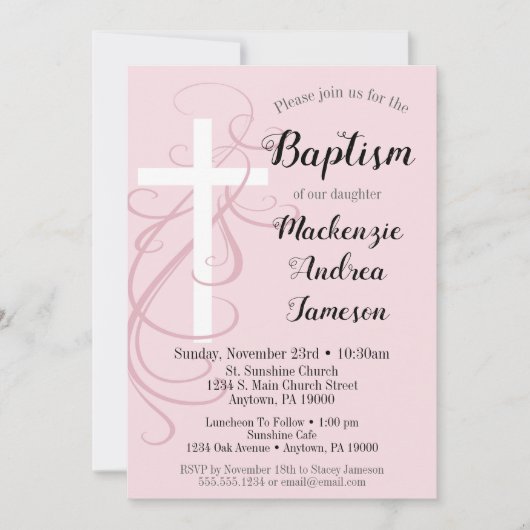 Roze zwirl Cross Baptism Invitation Girl's Kaart (Voorkant)