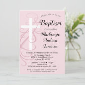 Roze zwirl Cross Baptism Invitation Girl's Kaart (Staand voorkant)