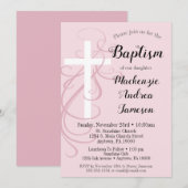Roze zwirl Cross Baptism Invitation Girl's Kaart (Voorkant / Achterkant)