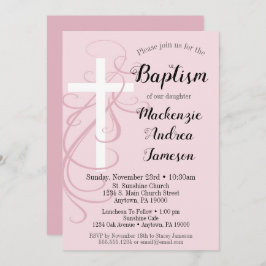 Roze zwirl Cross Baptism Invitation Girl's Kaart