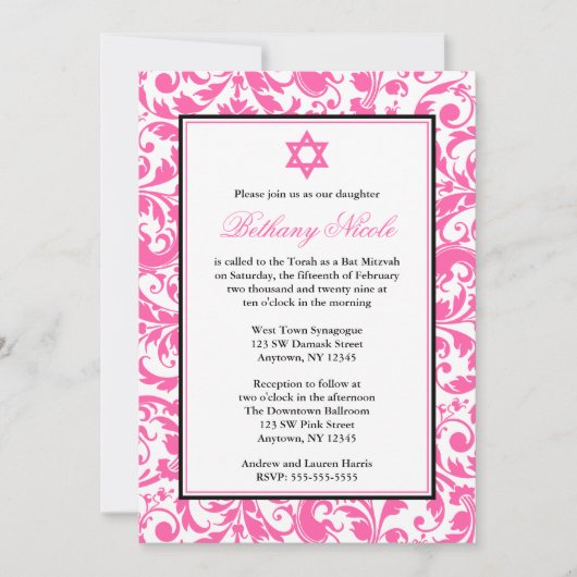 Roze Zwirl Damask Bat Mitzvah Invitaties Kaart (Voorkant)