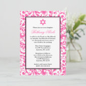 Roze Zwirl Damask Bat Mitzvah Invitaties Kaart (Staand voorkant)