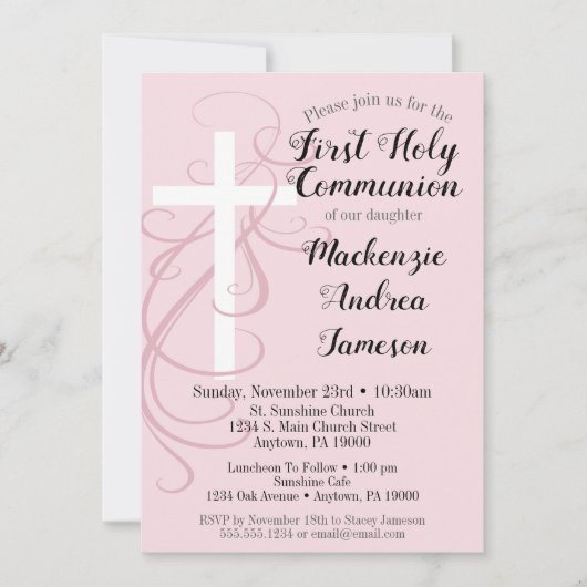 Roze Zwirl Eerste Heilige Communauteit Uitnodiging (Voorkant)