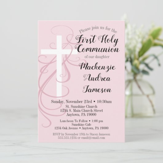 Roze Zwirl Eerste Heilige Communauteit Uitnodiging (Staand voorkant)