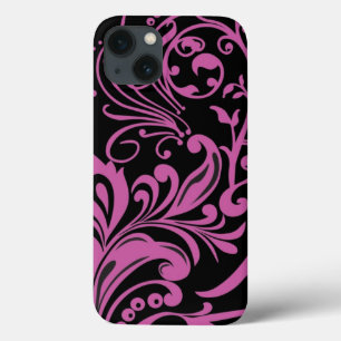 Roze zwirling Damask Pattern op Black Case-Mate iPhone Case