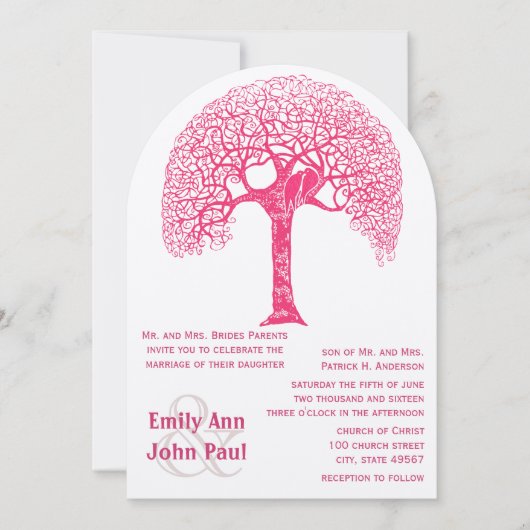 Roze Zwirly Rustic Tree Love Bird Wedland Weddensc Kaart (Voorkant)
