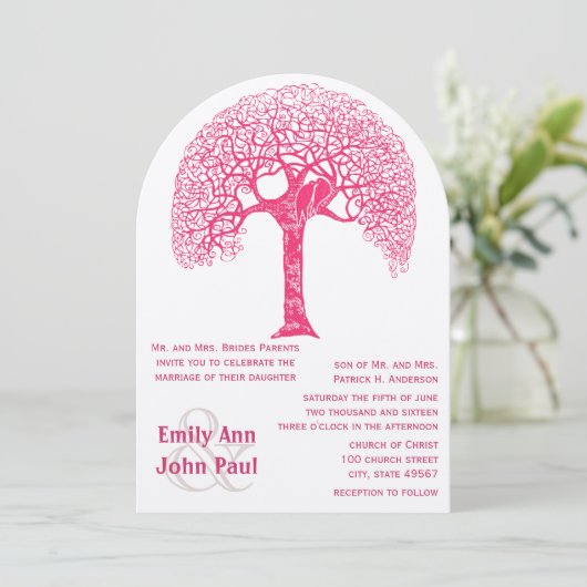 Roze Zwirly Rustic Tree Love Bird Wedland Weddensc Kaart (Staand voorkant)