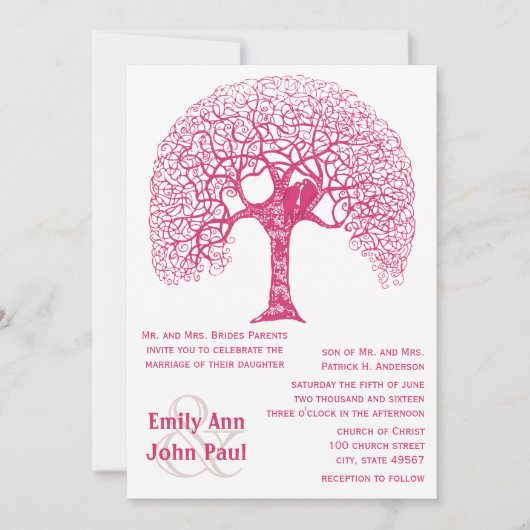Roze Zwirly Rustic Tree Love Bird Wedland Weddensc Kaart (Voorkant)