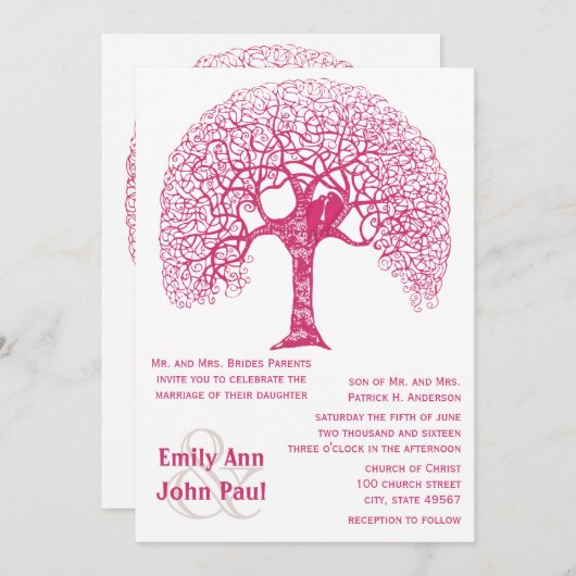 Roze Zwirly Rustic Tree Love Bird Wedland Weddensc Kaart (Voorkant / Achterkant)