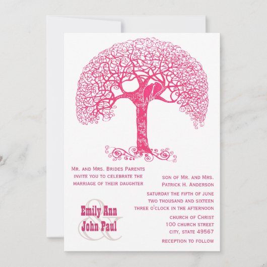 Roze Zwirly Rustic Tree Love Bird Wedland Weddensc Kaart (Voorkant)