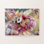 Rozeharige fee en witte babydraak legpuzzel (Horizontaal)