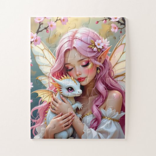 Rozeharige fee en witte babydraak legpuzzel (Verticaal)