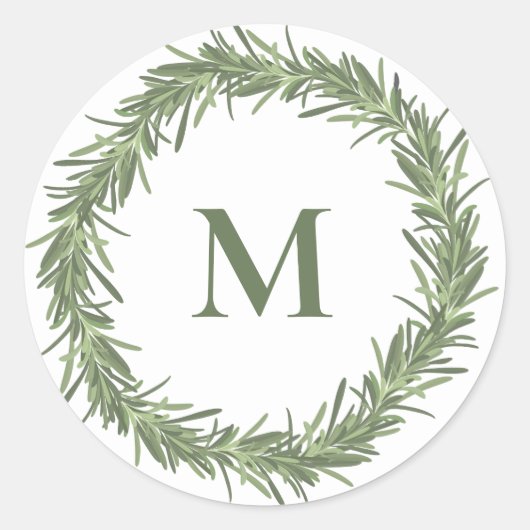 Rozemarijn krans monogram Kerst/vakantie Ronde Sticker (Voorkant)