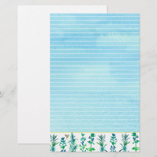 Rozemarijn Tijm Kruiden Honingbij Blauw Lijnwerk Briefpapier (Voorkant / Achterkant)