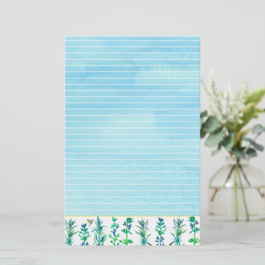 Rozemarijn Tijm Kruiden Honingbij Blauw Lijnwerk Briefpapier (Staand voorkant)