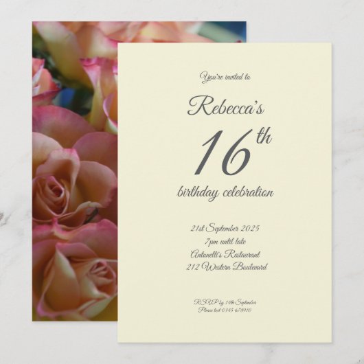 Rozen 16e verjaardagsfeest kaart (Voorkant / Achterkant)