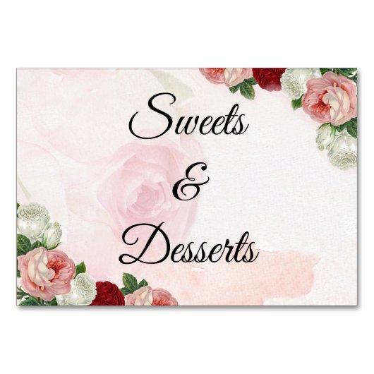 Rozen aangepaste bruiloft snoep of desserts tafel  kaart (Voorkant)