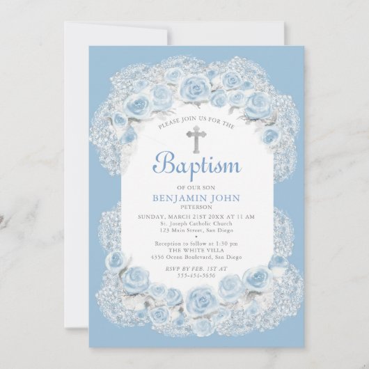 Rozen Baby Adem Blauw Witte Elegante Jongens Doop Kaart (Voorkant)