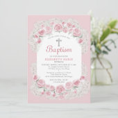 Rozen Baby Adem Roze Wit Elegant Meisje Doop Kaart (Staand voorkant)