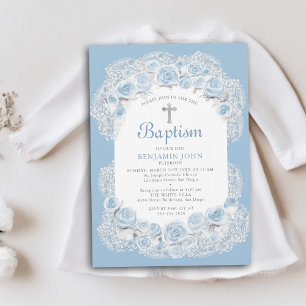 Rozen Baby Breath Blue White Elegant Boy Baptism Kaart