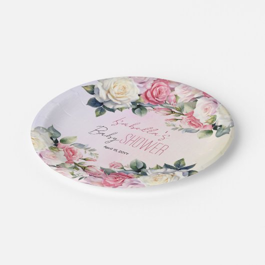 Rozen Baby in Bloom Bloemen Baby shower Papieren Bordje (Gekanteld)