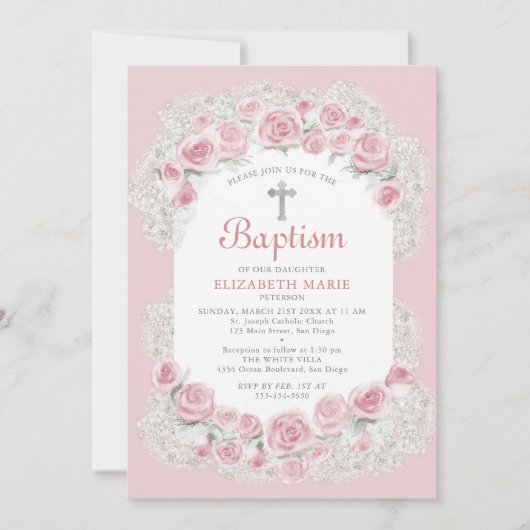 Rozen Baby's Adem Pink Witte Elege Doopmeisje Kaart (Voorkant)