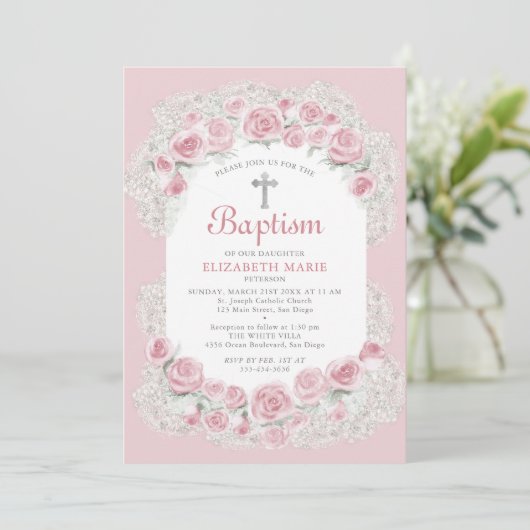 Rozen Baby's Adem Pink Witte Elege Doopmeisje Kaart (Staand voorkant)