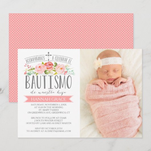 Rozen banner roze met foto | Spanish Bautismo Kaart (Voorkant / Achterkant)