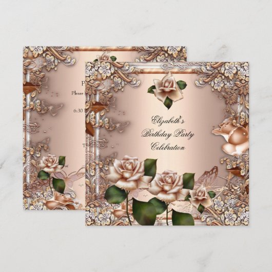 Rozen Beige Cream Gold Elegant Birthday Party Kaart (Voorkant / Achterkant)