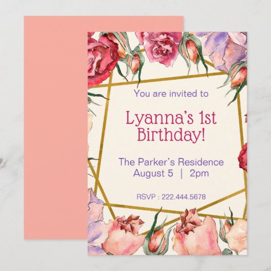 Rozen Birthday Waterverf roze beige Kaart (Voorkant / Achterkant)