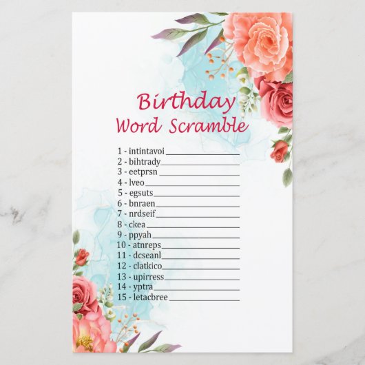 Rozen Birthday Word Scramble Game (Voorkant)