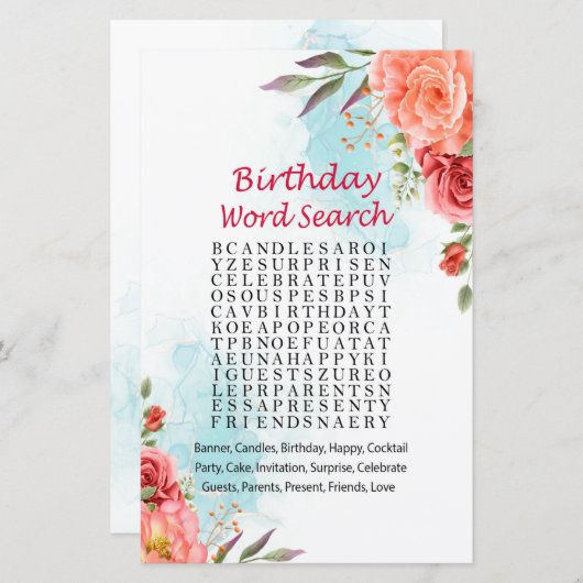 Rozen Birthday Word Search Game (Voorkant / Achterkant)