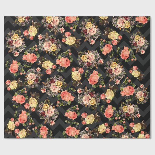  Rozen Black Chevron Pattern Floral Cadeaupapier (Vlak)