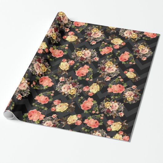  Rozen Black Chevron Pattern Floral Cadeaupapier (Uitgerold)