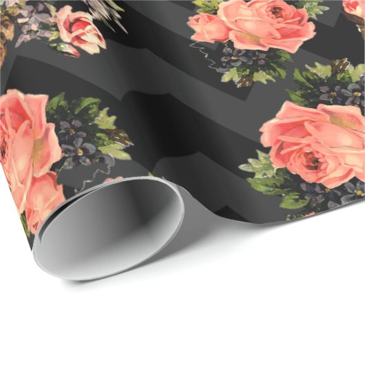 Rozen Black Chevron Pattern Floral Cadeaupapier (Rol Hoek)