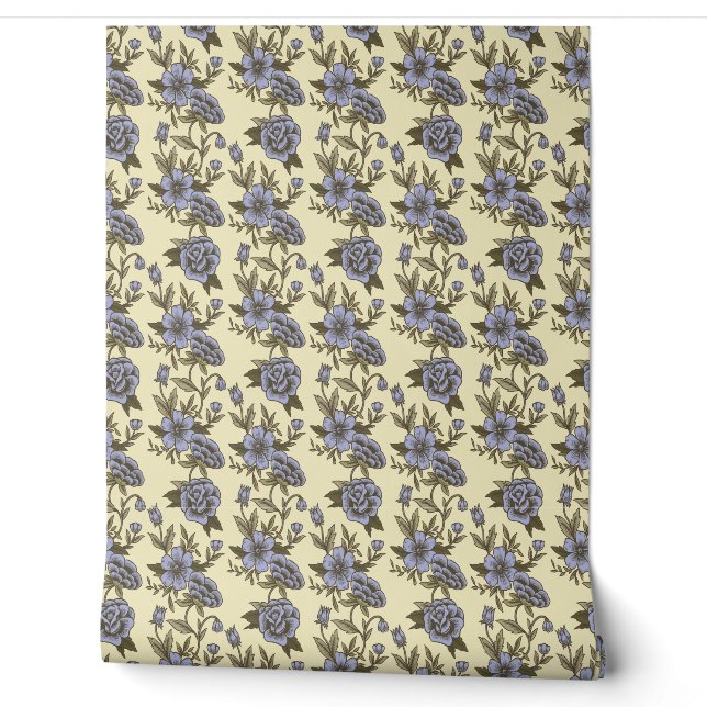  Rozen Blauw Beige Behang (Afrollen)
