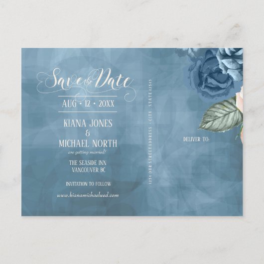 Rozen Blauw/Perzik sparen de Datum ID584 Aankondigingskaart (Achterkant)